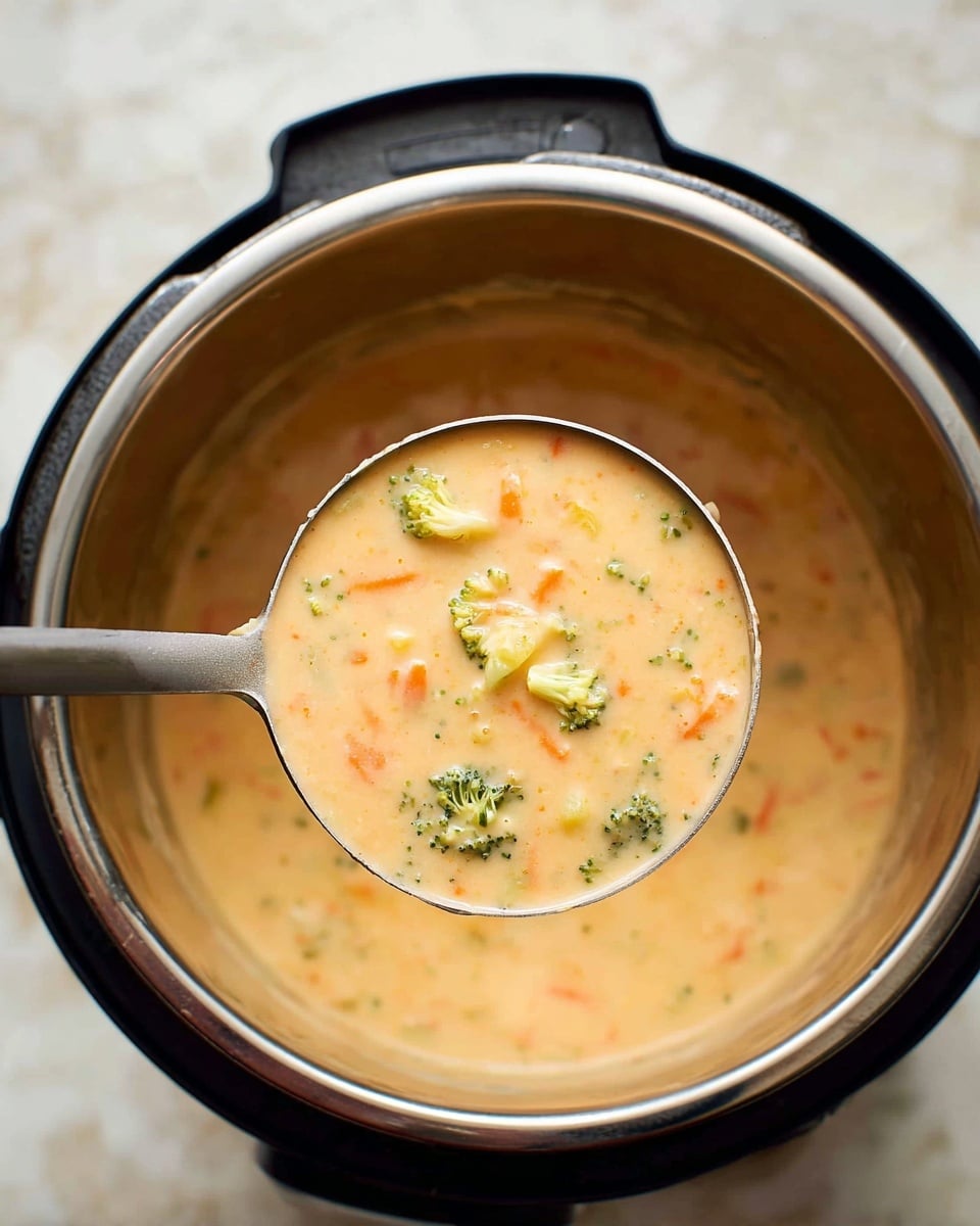 A close-up view of a ladle filled with creamy soup held above a stainless steel inner pot of a pressure cooker. The soup has a thick, smooth orange-beige base mixed with small bright green pieces of broccoli and soft orange carrot slices scattered evenly within the creamy texture. The ladle is shiny silver and slightly reflective, showing details of the soup's vivid colors and medium-thick consistency. The pot and ladle rest on a white marbled surface with soft, natural lighting highlighting the warm tones of the soup, photo taken with an iphone --ar 4:5 --v 7
