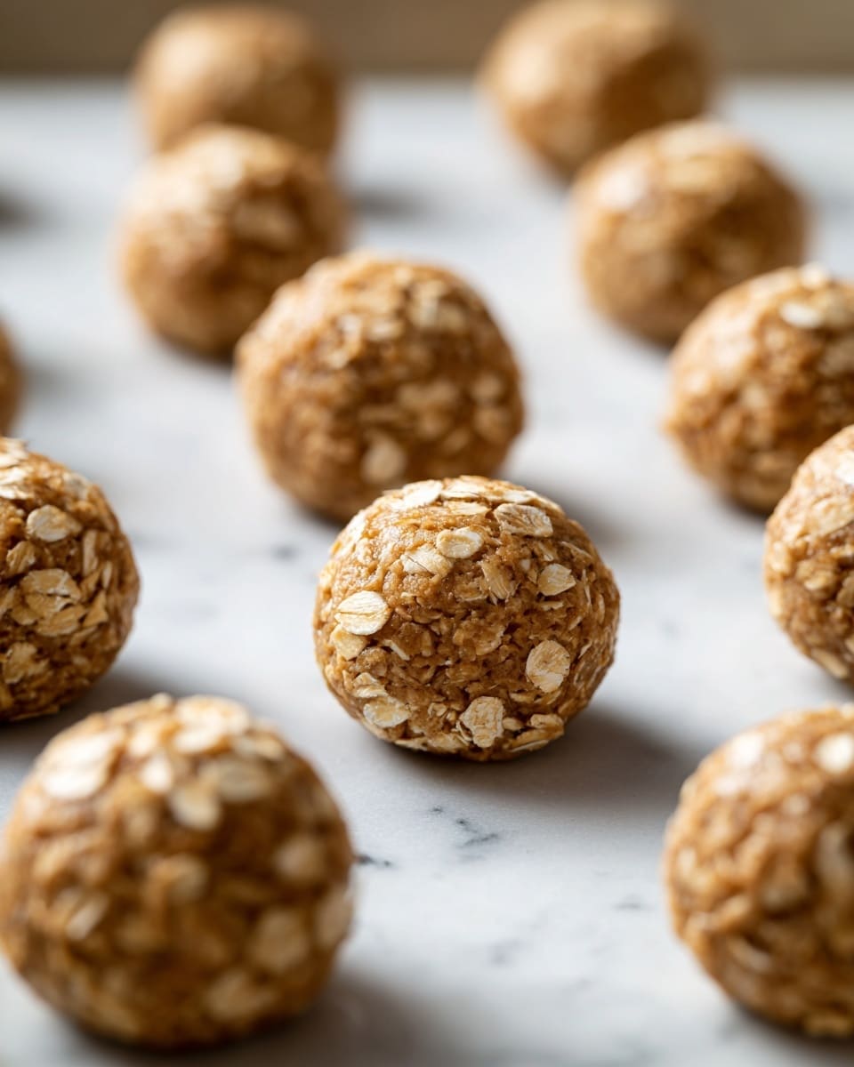 The image shows several round energy balls, each covered with a light brown base mixed with oat flakes that add texture and a pale beige color. On top of each ball, smooth, thick white icing is drizzled in uneven lines. The balls are arranged closely on a white surface with a subtle marbled texture. The close-up view highlights the rough texture of the oats contrasting with the glossy finish of the icing. Photo taken with an iphone --ar 4:5 --v 7