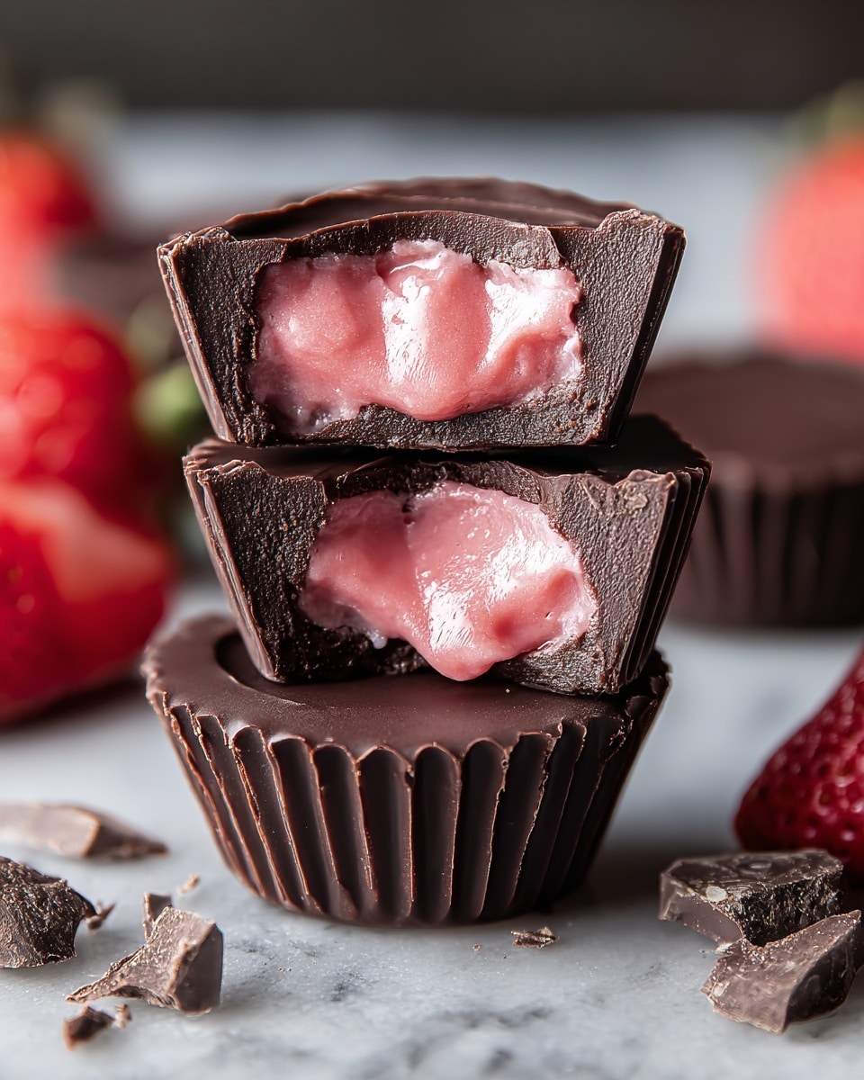 A close-up of three dark chocolate cups stacked with two cut in half showing a smooth, glossy pink filling with a creamy texture inside. The outer shell of the chocolate cups is thick and dark with a matte finish, while the filling is shiny with a rich, soft look. There are small broken pieces of dark chocolate scattered around on a white marbled surface. In the background, blurred fresh strawberries add a hint of red color. The overall look is rich, creamy, and inviting. photo taken with an iphone --ar 4:5 --v 7