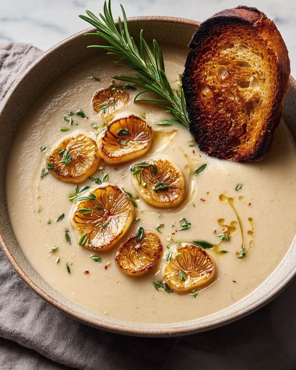 A bowl of creamy soup with a smooth, light beige color fills most of the bowl, topped with six golden-brown roasted garlic slices sprinkled with small green herbs. A fresh sprig of rosemary lies across the top, adding a touch of dark green. On the right side, a toasted slice of bread with a dark, crisp edge and a honey-golden middle partially rests inside the soup. The bowl is set on a soft gray cloth, placed on a white marbled surface. Photo taken with an iphone --ar 4:5 --v 7