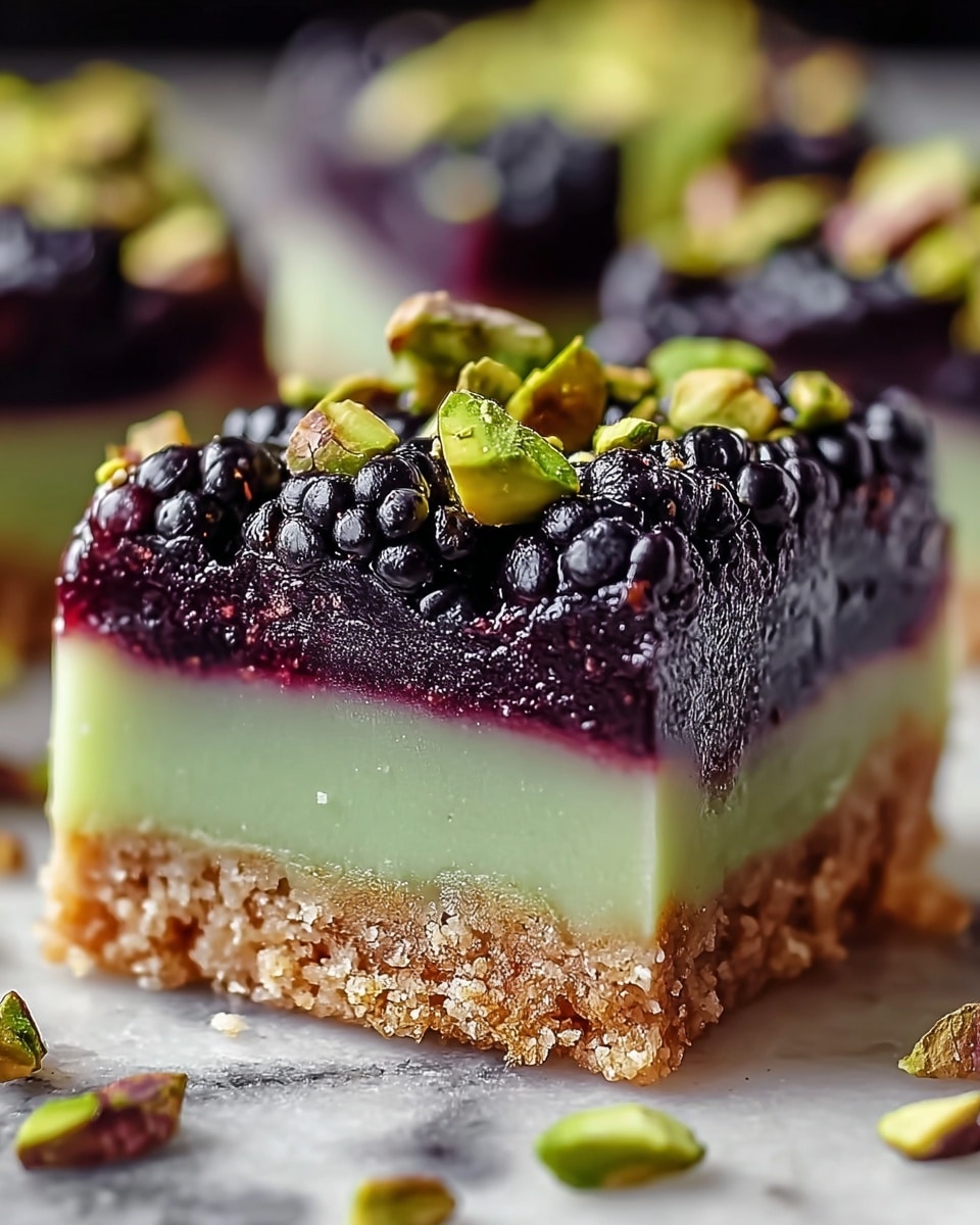 A close-up image of a square dessert bar showing three distinct layers on a white marbled surface. The bottom layer is a crumbly, light brown crust with a rough texture. Above that is a thick, smooth, pale green layer with a slightly glossy finish. The top layer is a dark purple-black blackberry layer, juicy with visible whole blackberries. Scattered on top of the blackberries are small pieces of chopped green pistachios, adding texture and a pop of color. The background is softly blurred but stays consistent with the white marbled texture. Photo taken with an iphone --ar 4:5 --v 7