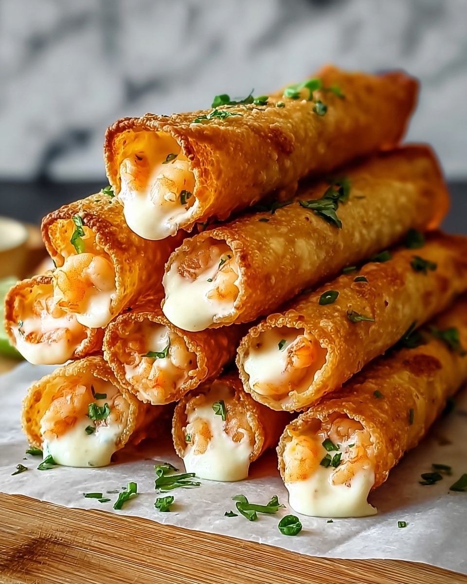 The image shows a close-up of seven golden-brown, crispy rolled tacos stacked on top of each other in two layers. Each taco is filled with creamy white sauce and small orange shrimp bits visible at both open ends. The shells have a lightly bubbled texture with some green herb pieces scattered on top and around the base, adding a touch of color contrast. The tacos are placed on a piece of white paper on a wooden surface with a white marbled background. Photo taken with an iphone --ar 4:5 --v 7