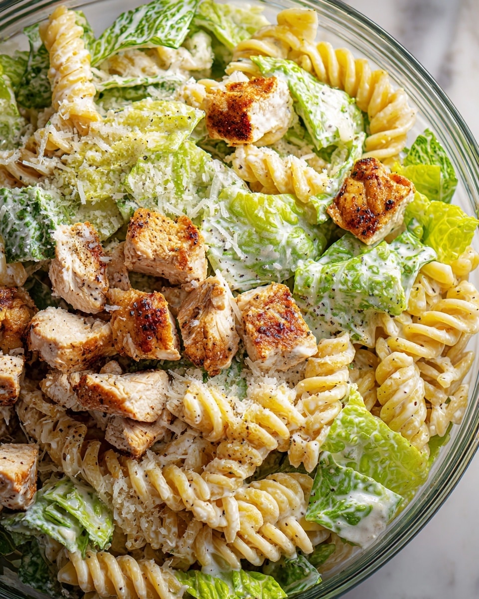 The image shows a close-up view of a creamy pasta salad in a clear glass bowl. The dish has three main layers: at the bottom, there is spiral-shaped rotini pasta in a pale yellow color, giving a twisted texture; mixed throughout are fresh, bright green romaine lettuce leaves lightly coated in a white creamy dressing, adding a smooth, slightly glossy look; on top and within the pasta, there are pieces of grilled chicken with a golden-brown, slightly crispy skin and tender white meat inside, sprinkled with black pepper and shredded cheese for extra texture and flavor. The bowl sits on a white marbled surface. photo taken with an iphone --ar 4:5 --v 7