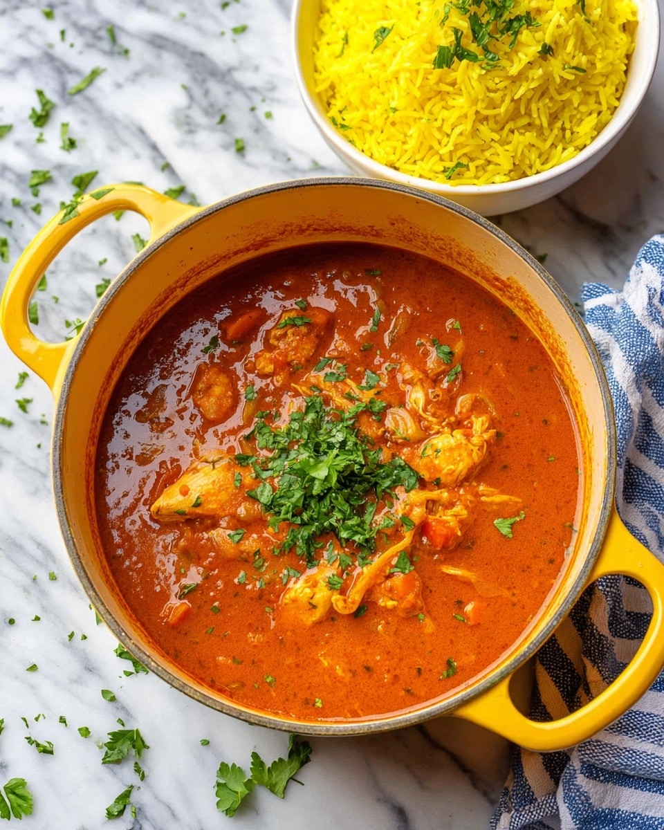 A bright yellow pot filled with thick, rich orange-red curry with visible chunks of chicken and vegetables, topped with fresh green chopped herbs in the center. Next to the pot, there is a white bowl filled with fluffy, bright yellow rice, also garnished with green herbs. The pot and bowl sit on a white marbled surface with scattered fresh green herbs around. A striped blue and white cloth is partially visible on the right side. Photo taken with an iphone --ar 4:5 --v 7