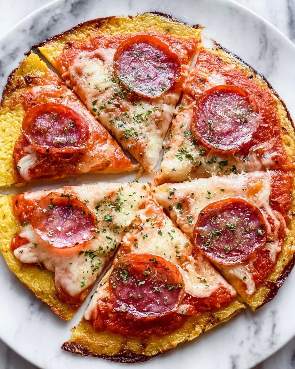 A small pizza cut into six slices on a white plate, set on a white marbled surface. The base is a thick, golden-yellow layer with a slightly uneven texture, topped with a smooth red tomato sauce spread evenly. Over the sauce is a layer of melted cheese that has a golden-brown finish with some bubbly texture. Each slice has one shiny, round pepperoni slice, reddish in color with a slightly glossy surface. The pizza is sprinkled with small green herb pieces, adding a fresh contrast to the warm colors of the pizza. photo taken with an iphone --ar 4:5 --v 7