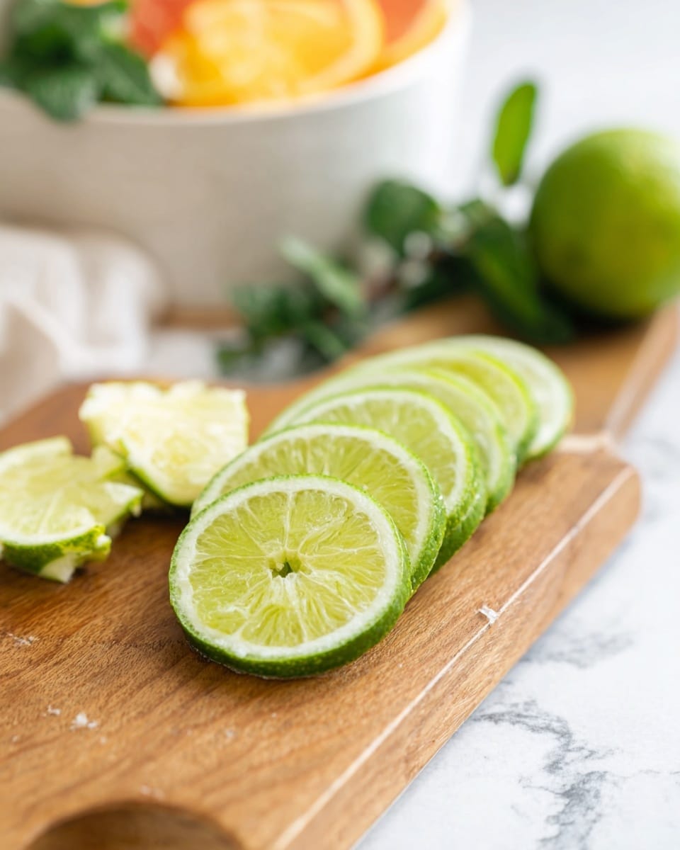 A white bowl with a dark rim sits on a wooden board over a white marbled surface, filled with three layers of citrus slices arranged side by side: pale yellow lemon slices on the top left, bright orange grapefruit slices on the top right, and light green lime slices at the bottom. A small bunch of fresh mint leaves with green stems is beside the grapefruit slices on the right. Outside the bowl, part of an orange wedge rests on the surface near the bottom right. A large kitchen knife with a white handle lies below the board. On the left side, a striped cloth is partially tucked under the bowl, with a whole lemon and lime nearby. Photo taken with an iphone --ar 4:5 --v 7