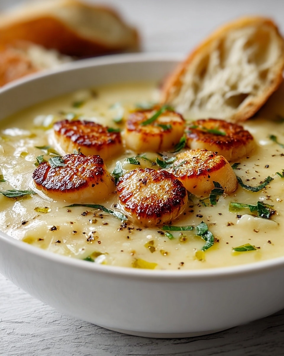 A shallow white bowl filled with creamy, pale yellow soup that has a smooth texture, topped with a layer of golden-brown seared scallops arranged evenly across the surface. Small green herb leaves are sprinkled on top, adding color contrast, and there are visible black pepper specks scattered around. A piece of crusty bread with airy holes rests on the side of the bowl. The bowl sits on a white marbled surface with soft natural lighting. photo taken with an iphone --ar 4:5 --v 7