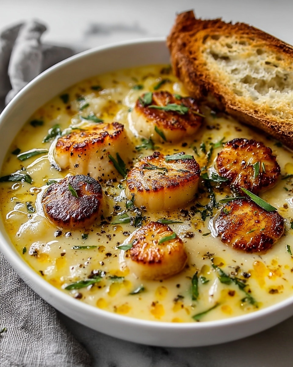 A white bowl filled with creamy light yellow soup, topped with nine golden-brown seared scallops arranged unevenly across the surface. Small green herb leaves and thin black pepper specks are scattered over the scallops and soup. A slice of crusty golden-brown bread rests on the edge of the bowl. The background shows a white marbled texture surface with a blurred grey cloth partially visible beside the bowl. photo taken with an iphone --ar 4:5 --v 7
