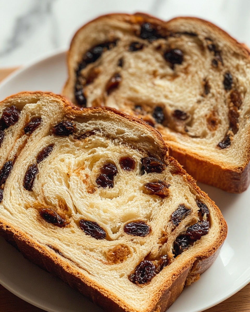 A close-up view of two thick slices of raisin bread on a white plate, showing soft, light golden layers of bread swirled with dark brown and black raisins throughout. The bread’s crust is a warm brown color, slightly shiny and textured, with a tender, moist crumb inside. The swirled raisin filling creates a patterned look in the middle of each slice. The background has a white marbled texture that adds a clean and bright feel to the image. Photo taken with an iphone --ar 4:5 --v 7