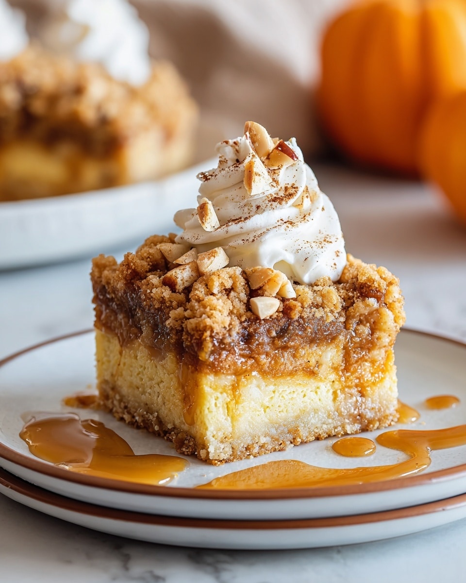 A square piece of crumb cake sits on a white plate with a thin brown rim, resting on a white marbled surface. The cake has three layers: a moist, light yellow base with a middle layer of caramel or cinnamon swirl, topped with a thick crumbly golden brown streusel. On the very top, there is a generous swirl of white whipped cream decorated with small light brown almond slivers and sprinkled with a touch of cinnamon powder. A drizzle of amber caramel sauce pools around the cake on the plate. In the background, an out-of-focus white plate with the rest of the crumb cake and an orange pumpkin add a warm, cozy feel. Photo taken with an iphone --ar 4:5 --v 7