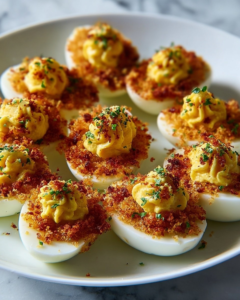 A white plate holds nine deviled eggs arranged closely, each with two layers: a smooth, shiny white egg white base, topped with a creamy yellow yolk mixture swirled into a small mound. The yolk mixture is sprinkled with finely chopped green herbs for contrast. Around the edges of the egg whites, there's a crispy, golden-brown breadcrumb crust that adds texture and color, with some parts darker and almost reddish from toasting. The background is a soft, blurred white marbled texture that highlights the food. Photo taken with an iphone --ar 4:5 --v 7