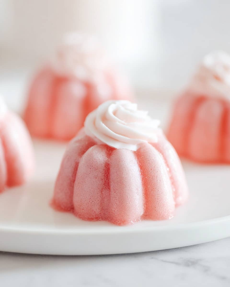 The image shows small, dome-shaped pink desserts with a soft, smooth texture and subtle vertical ridges around their sides. Each dessert has a delicate white swirl of frosting on top, which is creamy and slightly ruffled, adding a decorative touch. The desserts are placed on a white plate, set against a white marbled surface that softly reflects light, creating a clean and bright background. In the foreground, one dessert is in sharp focus while others blur softly in the distance, emphasizing depth. photo taken with an iphone --ar 4:5 --v 7