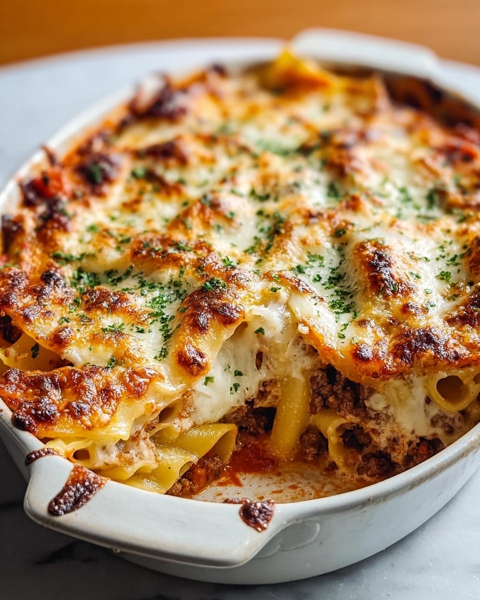 The dish is a baked pasta casserole in a white oval dish with black handles. It has multiple layers starting with soft pasta noodles at the bottom, followed by a creamy meat sauce layer with a beige and light brown color. The top layer is melted cheese that is golden brown and bubbly, with some crispy spots and sprinkled with small green herb pieces. The dish sits on a white marbled surface, and the cheese looks thick and stretchy with a slightly toasted texture. Photo taken with an iphone --ar 4:5 --v 7