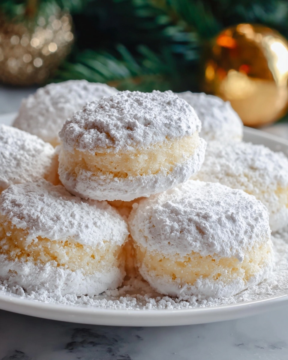 The image shows a close-up of round cookies covered in a thick, white layer of powdered sugar, giving them a snowy look. Each cookie has two layers visible: a soft, light yellow inner dough with a slightly crumbly texture, and the outer coating of finely powdered sugar that clings unevenly, creating a rough surface. The cookies are stacked closely together on a white plate, with some powdered sugar fallen onto the plate. The background includes blurred green pine needles and a golden round ornament, all set on a white marbled surface. photo taken with an iphone --ar 4:5 --v 7