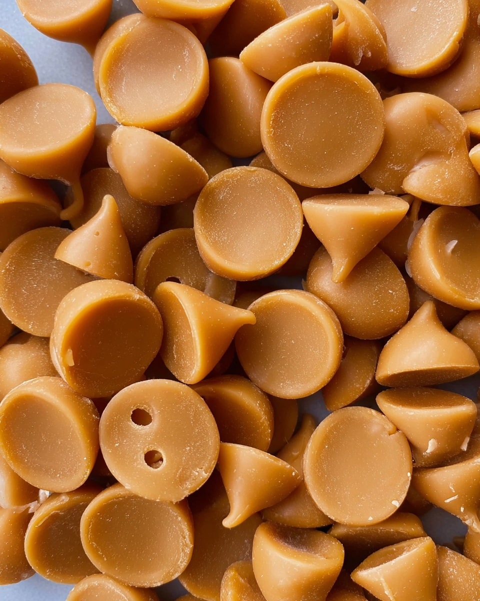 Close-up image of many smooth, shiny caramel-colored candy chips piled together, showing both the flat circular bottoms and pointed tops with small holes on some pieces. The texture is soft and slightly matte, with small imperfections visible on the surface. The candies fill the frame densely, sitting on a white marbled texture background. photo taken with an iphone --ar 4:5 --v 7