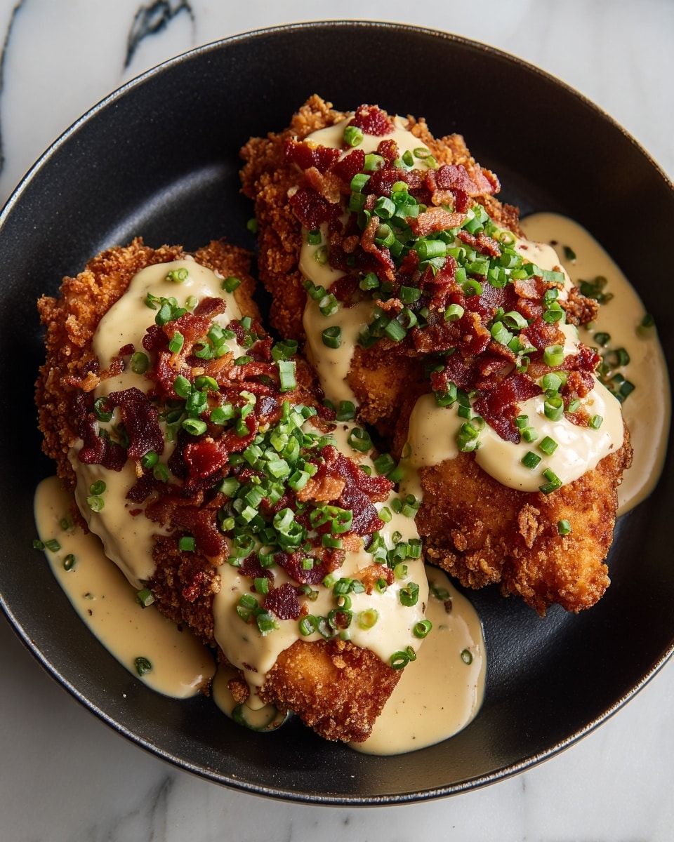 The image shows two thick pieces of browned, crispy chicken on a black dish with a white marbled texture beneath. Each chicken piece is covered with a smooth, creamy yellow sauce that drapes over the sides. On top of the sauce, there are small green bits of chopped chives and crispy dark reddish-brown bacon pieces adding texture and color contrast. The surface of the chicken is well-seasoned and browned, with a mix of golden and darker brown colors, giving it a crunchy look under the creamy sauce. The black dish and white marbled texture background make the colors of the food stand out vividly. photo taken with an iphone --ar 4:5 --v 7