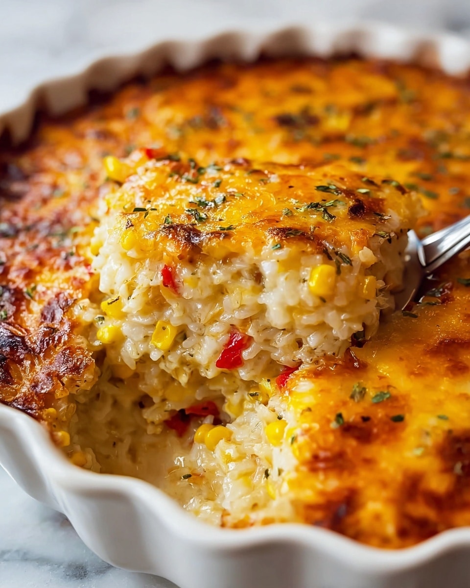 A close-up image of a baked rice dish in a white scalloped-edge ceramic dish, showing a thick layer of melted golden cheese on top with some browned spots and small green herb flakes sprinkled across. The middle layer is a moist mix of cooked white rice with small pieces of bright yellow corn and red bell pepper scattered evenly throughout, creating a colorful contrast. The bottom layer, slightly visible in the empty space, appears soft and creamy. A metal spatula is lifting a portion from the dish, revealing its dense and gooey texture. The scene is set on a white marbled surface. photo taken with an iphone --ar 4:5 --v 7