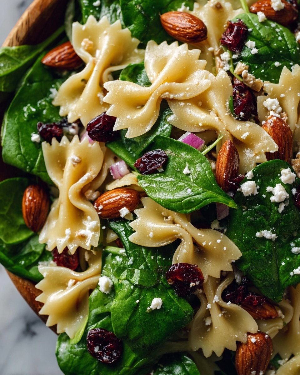 The image shows a close-up of a pasta salad with three main layers: the base layer is made of pale yellow farfalle (bow tie) pasta with smooth, slightly shiny texture; on top, there are bright green fresh spinach leaves spread evenly, adding a leafy texture; scattered throughout are small dark red dried cranberries and whole or halved almonds with a smooth brown surface, providing richness and crunch. There are also tiny white crumbles of cheese sprinkled over the salad, with small bits of chopped red onion adding hints of purple. The dish is placed on a surface with white marbled texture. photo taken with an iphone --ar 4:5 --v 7