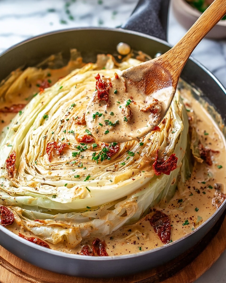 A large wedge of cabbage with many white and pale green leaves stacked tightly is placed in a dark pan. The cabbage is covered in a creamy, light brown sauce with visible specks of ground black pepper and small red pieces of dried tomatoes spread on and around it. Small bits of finely chopped green herbs are sprinkled over the top, adding color contrast. A wooden spoon is lifting one side of the cabbage, showing the sauce coating the folds of the leaves. The pan sits on a round wooden board, all against a white marbled surface. photo taken with an iphone --ar 4:5 --v 7