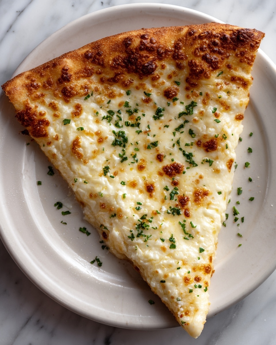 A single slice of white cheese pizza rests on a white plate with slight texture. The pizza slice has a golden-brown crust with a soft, puffy edge. The top layer is melted white cheese with small browned spots, evenly spread with melted cheese bubbles, and sprinkled with finely chopped green herbs scattered over the cheese. The cheese layer looks creamy and smooth, covering the entire slice with no sauce visible underneath. The background shows a white marbled texture surface. photo taken with an iphone --ar 4:5 --v 7