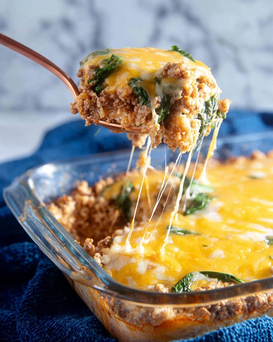 A white plate with black geometric patterns holds a layered dish that has three visible layers: the bottom layer is dark brown and textured, likely ground meat or a meat substitute; the middle layer consists of cooked quinoa mixed with small green spinach leaves, in light brown and green colors; the top layer is melted yellow and white cheese, slightly browned in spots. The quinoa layer is fluffy and grainy, and the spinach adds a fresh green touch. A metal fork is on the right side of the plate. Another plate with more of the same dish is partially visible above on the white marbled surface, which replaces the blue textured background. A dark blue cloth with white patterns is seen on the side. Photo taken with an iphone --ar 4:5 --v 7