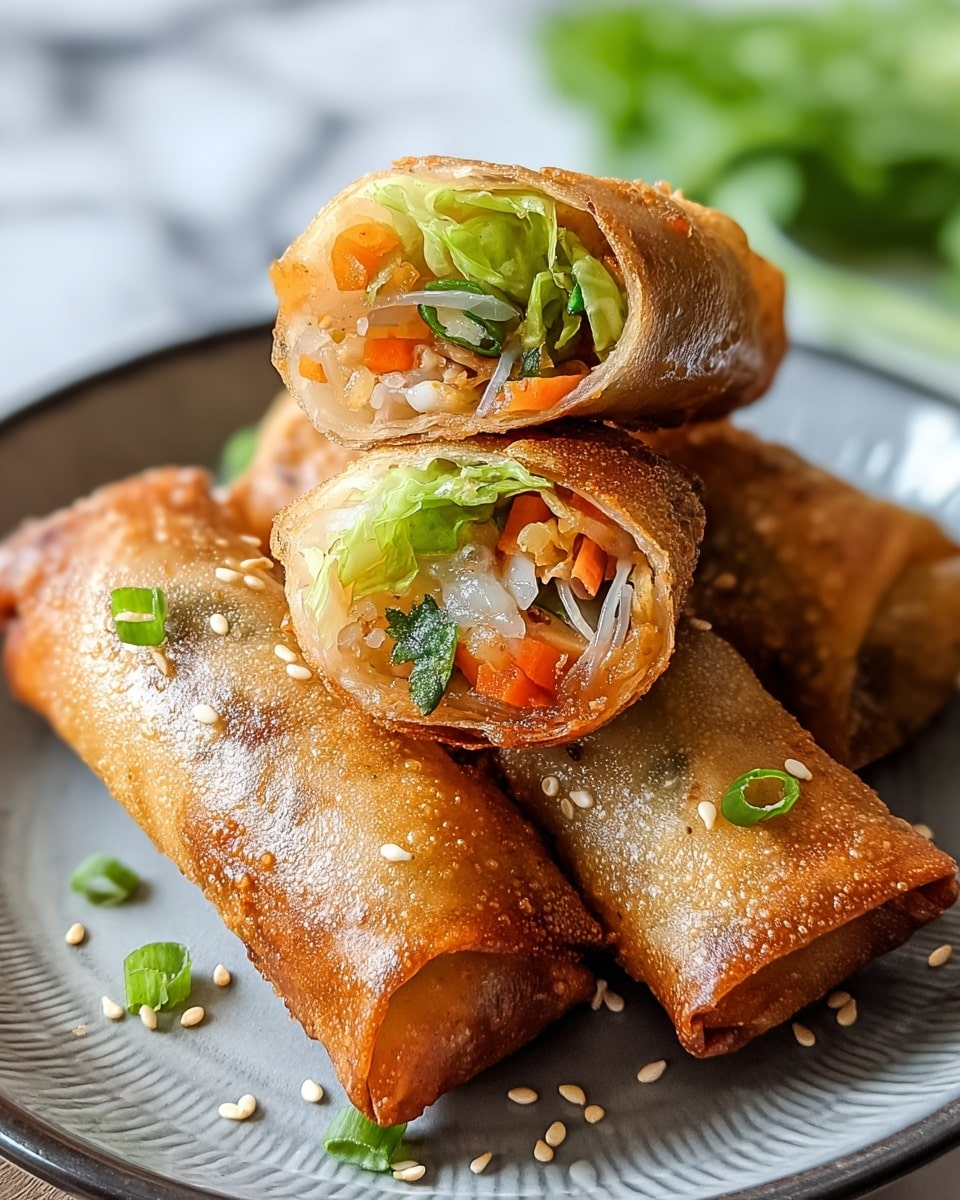 Three crispy spring rolls with golden brown, crunchy outer layers are placed on a white plate with a subtle pattern. Two of the spring rolls are whole, while one is cut in half and stacked on top, showing the colorful inner layers of green lettuce, orange carrot strips, white rice noodles, and fresh herbs. Small sesame seeds are sprinkled on top of the rolls and around them on the plate, which is set against a white marbled surface. photo taken with an iphone --ar 4:5 --v 7