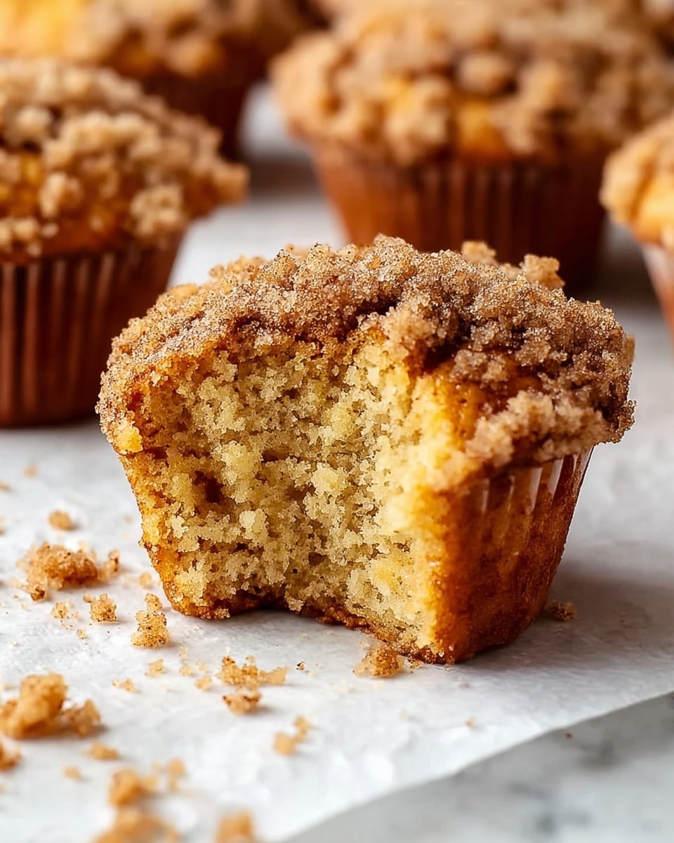 The image shows a close-up of a crumb-topped muffin with one half broken open, revealing a moist, golden-brown interior with a soft, grainy texture. The muffin's top layer is covered with a crunchy, sugar-like crumble that is light brown and slightly sparkly. Surrounding the broken muffin are whole muffins of the same kind, sitting on white parchment paper over a white marbled surface, with a soft focus on the background muffins. Scattered crumbs add a touch of realism and texture to the scene. photo taken with an iphone --ar 4:5 --v 7