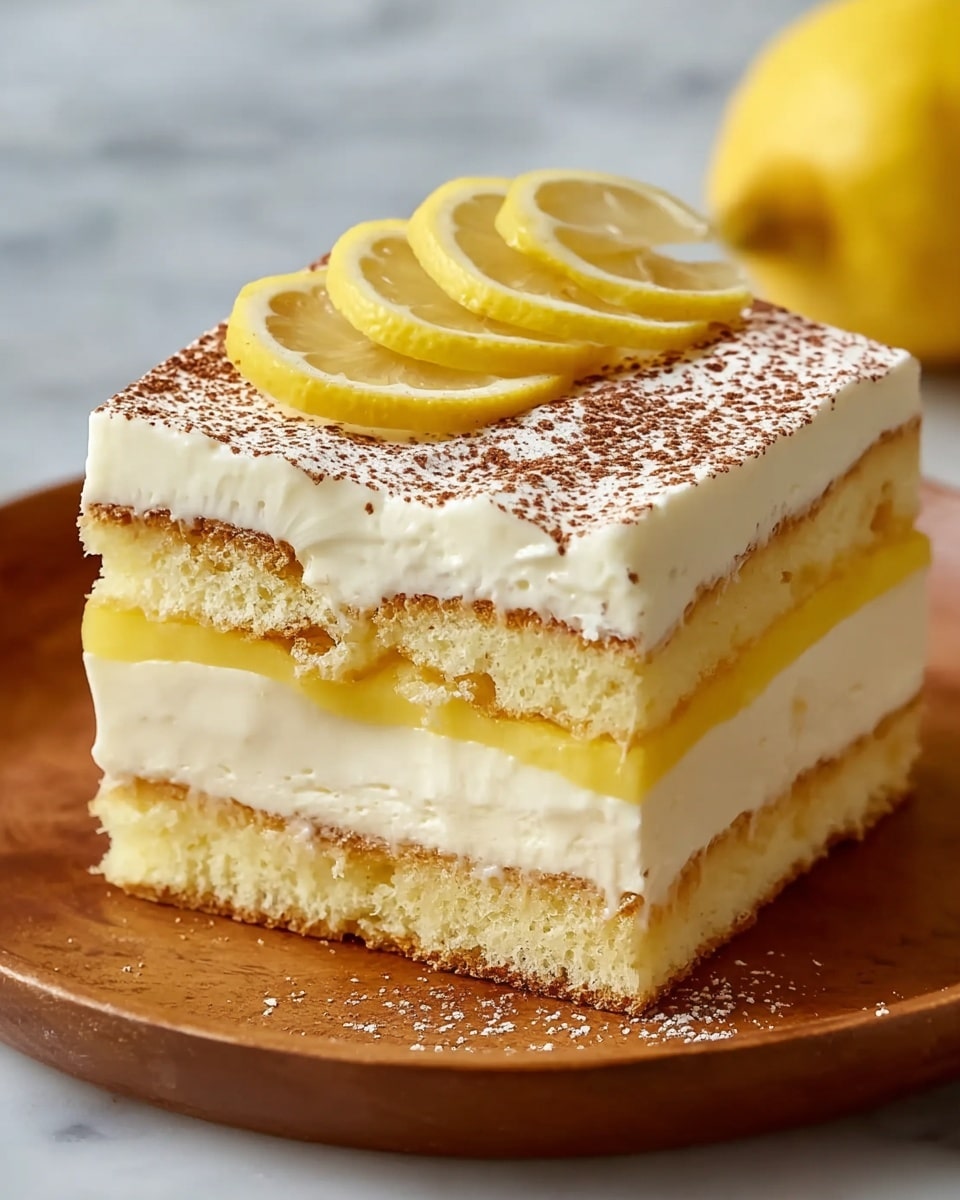 A square dessert with four layers sits on a round wooden plate against a white marbled background. The bottom and third layers are light yellow sponge cake, slightly crumbly in texture. The second and top layers are thick, smooth, creamy white filling. Between the second and third layers, there is a thin, bright yellow layer of lemon curd. The top cream layer is dusted evenly with fine brown powder, and three thin lemon slices are arranged on top for decoration. photo taken with an iphone --ar 4:5 --v 7