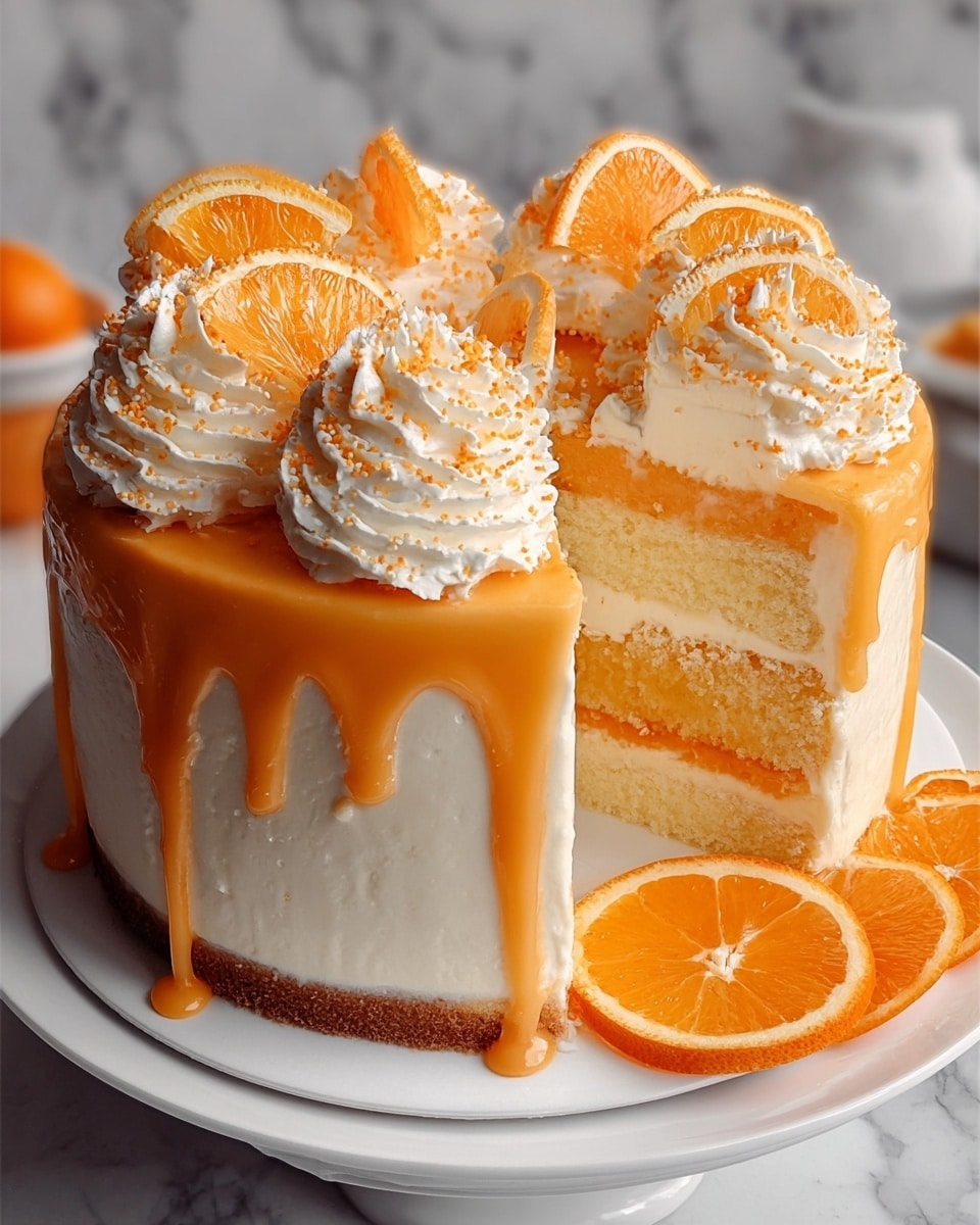 A round cake with three layers is shown on a white plate. The bottom layer is a light yellow sponge cake with a thin darker crust, the middle layer is a smooth light orange cream filling, and the top layer is the same light yellow sponge cake. The outside of the cake is covered in white frosting with an orange glaze dripping down from the top edge. The top is decorated with evenly spaced swirls of white whipped cream sprinkled with orange crumbs, each swirl topped with a half slice of bright orange fruit. There are also a few orange fruit slices placed around the base of the cake on the plate. The background is a soft, out-of-focus white marbled surface. Photo taken with an iphone --ar 4:5 --v 7