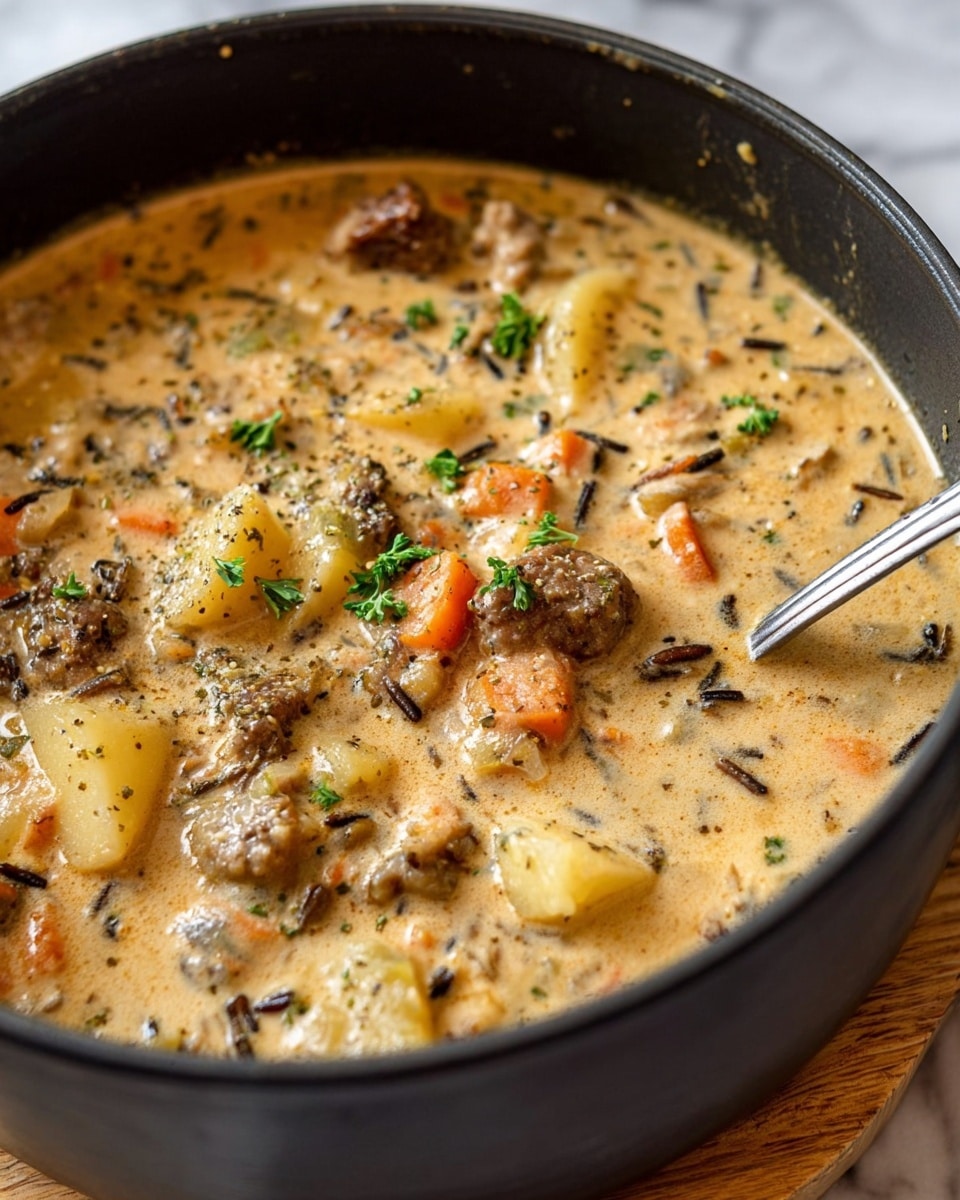 A close-up of a creamy stew in a black pot, showing a thick beige broth with visible chunks of browned meat, light yellow potato pieces, small orange carrot cubes, and dark wild rice grains spread throughout. The stew is topped with small green parsley flakes and black pepper, creating a textured, hearty look. A silver spoon partially dips into the stew from the right side, stirring the rich, smooth sauce. The whole pot sits on a wooden board placed on a white marbled surface. photo taken with an iphone --ar 4:5 --v 7