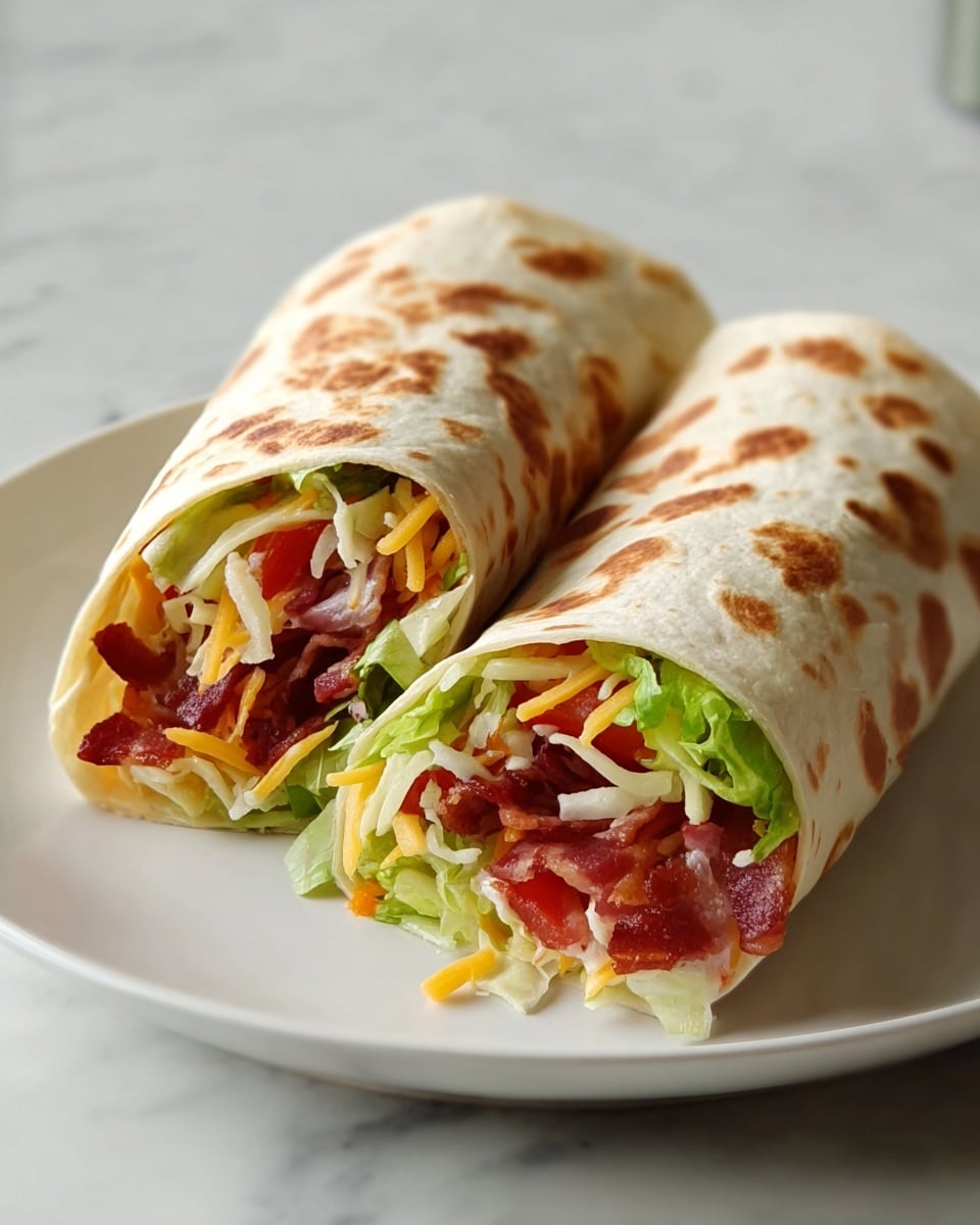 Two halves of a wrap are placed side by side on a white plate, showing multiple layers inside. The outer layer is a lightly toasted, soft tortilla with brown spots. Inside, there is a layer of green lettuce at the bottom, followed by strips of red bacon, shredded white cheese scattered throughout, and some melted yellow cheese near the top. The filling looks fresh and thick, tightly wrapped with colors mainly red, green, white, and yellow. The plate is on a white marbled surface. photo taken with an iphone --ar 4:5 --v 7