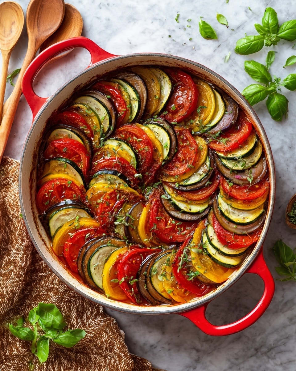 A round white pot with red handles holds a beautifully arranged ratatouille with four visible layers of vegetables: deep red tomato slices, light green zucchini, purple eggplant, and yellow bell pepper, placed standing vertically in a circular pattern. The vegetables have a glossy texture from being cooked, with some green herbs sprinkled and small green leaves on top. The pot sits on a white marbled textured surface with a woven brown cloth and wooden salad spoons nearby, along with fresh green basil leaves scattered around. photo taken with an iphone --ar 4:5 --v 7
