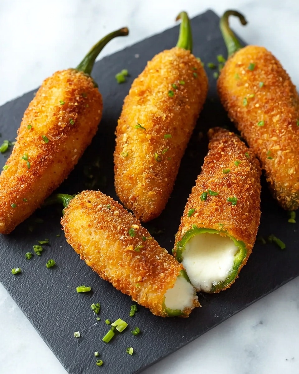 Four golden brown, crispy fried jalapeño peppers are arranged on a flat black slate board placed on a white marbled surface. Each jalapeño is breaded evenly with a crunchy texture, and one is cut open lengthwise, revealing a smooth, creamy white cheese filling inside the bright green pepper. Small bits of chopped green herbs are scattered around the slate board for garnish. The stems of the jalapeños are green and intact, contrasting with the deep golden crispy outer coating. photo taken with an iphone --ar 4:5 --v 7