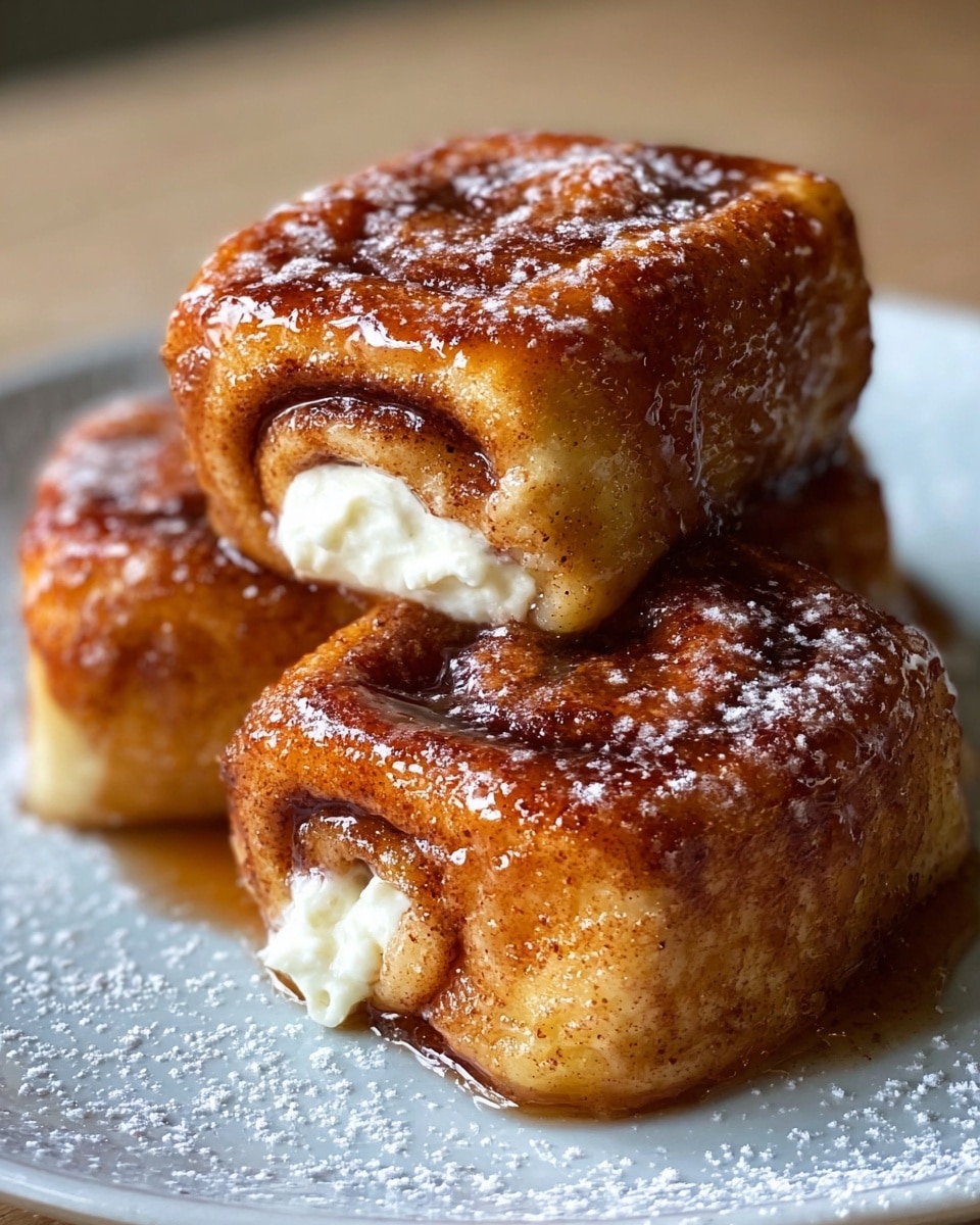 The image shows three cinnamon sugar rolls stacked on a white plate with a white marbled texture underneath. Each roll has a golden-brown outer layer covered in a shiny syrup glaze, making them look sticky and sweet. The rolls have a slightly textured, soft dough look with swirls of cinnamon sugar visible inside. One roll reveals a creamy white filling peeking out from the middle. A light dusting of powdered sugar is scattered over the rolls and plate. photo taken with an iphone --ar 4:5 --v 7