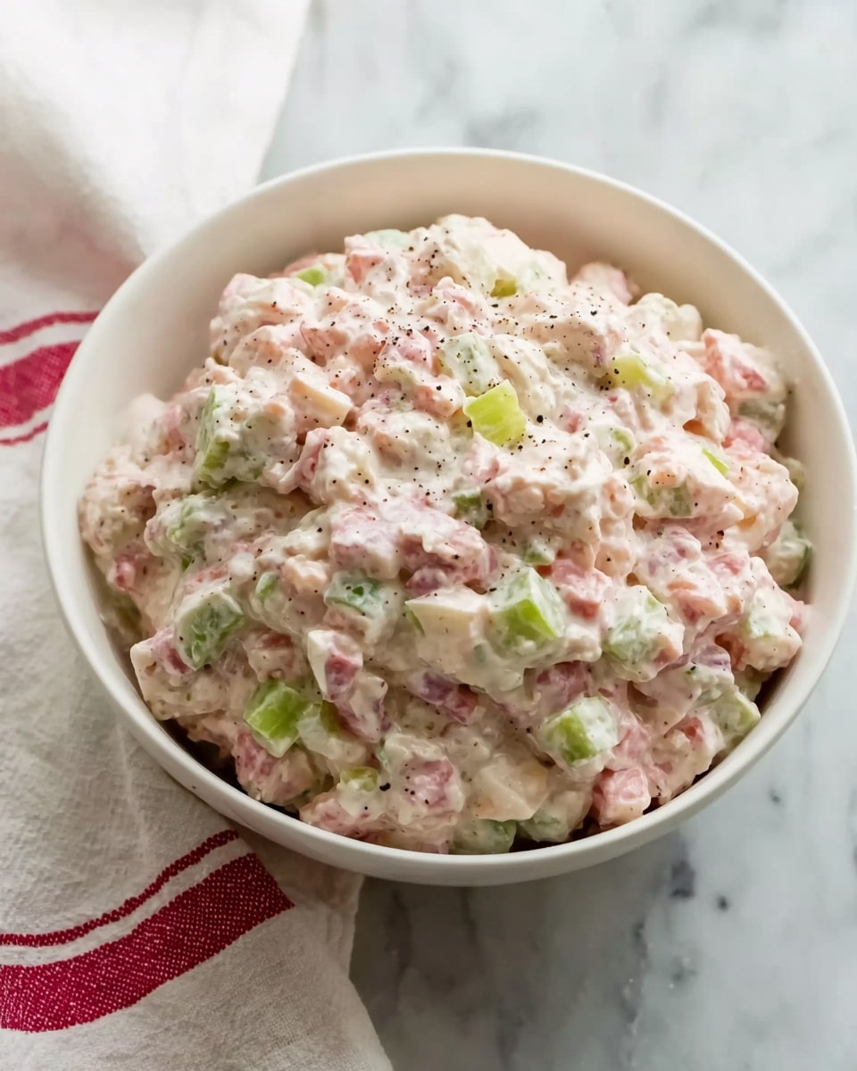 A white bowl filled with a creamy salad made of small pink chunks mixed with light green and white pieces, all coated in a smooth, pale dressing with small black specks scattered on top. The dish looks thick and chunky with visible bits of celery or similar vegetables, placed on a white marbled surface next to a white cloth with red stripes. Photo taken with an iphone --ar 4:5 --v 7