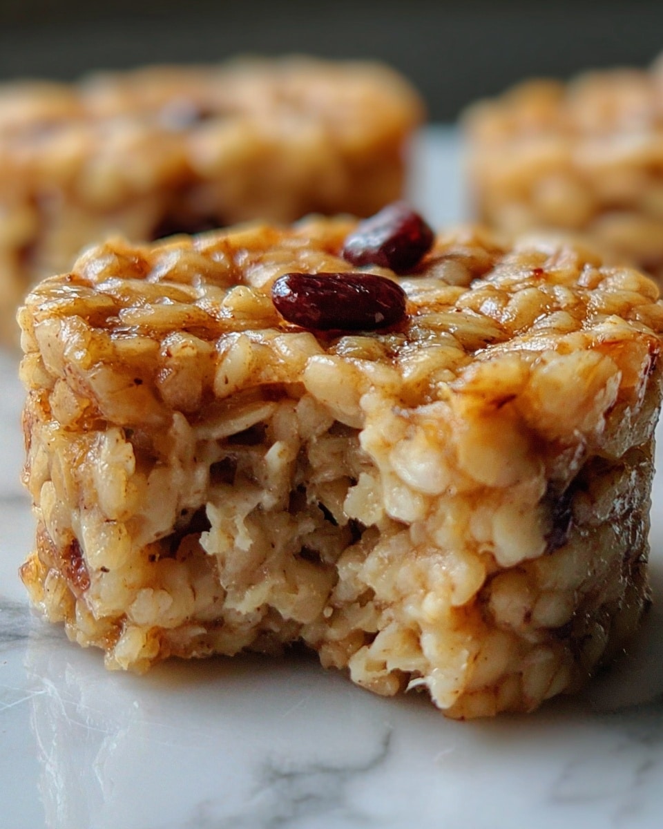 A close-up of a small round oat and rice cake with a dense, chewy texture, showing three visible layers mixed with sticky syrup holding them together, topped with a few small dark red beans, sitting on a white marbled surface. A small section of the cake is bitten off, revealing its soft and moist inside with interwoven grains. Photo taken with an iphone --ar 4:5 --v 7