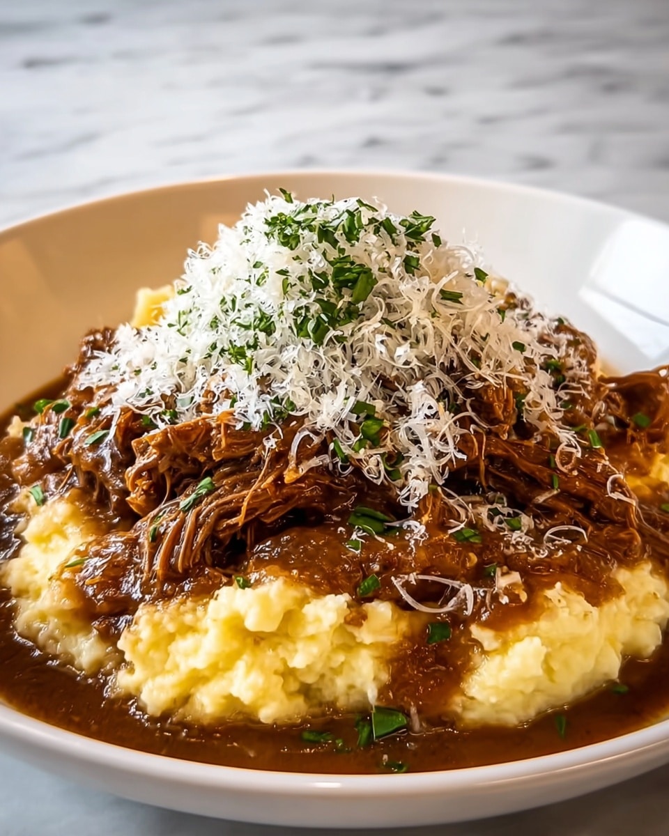 A white plate holds a layered dish starting with a thick, creamy base of mashed potatoes spread out in a rough circle. On top, there is a generous mound of shredded brown meat with a rich gravy surrounding the base and seeping into the potatoes. The dish is finished with a light sprinkle of finely shredded white cheese and small green herb pieces scattered across the meat and potatoes. The setting features a soft focus on a white marbled surface beneath the plate. photo taken with an iphone --ar 4:5 --v 7