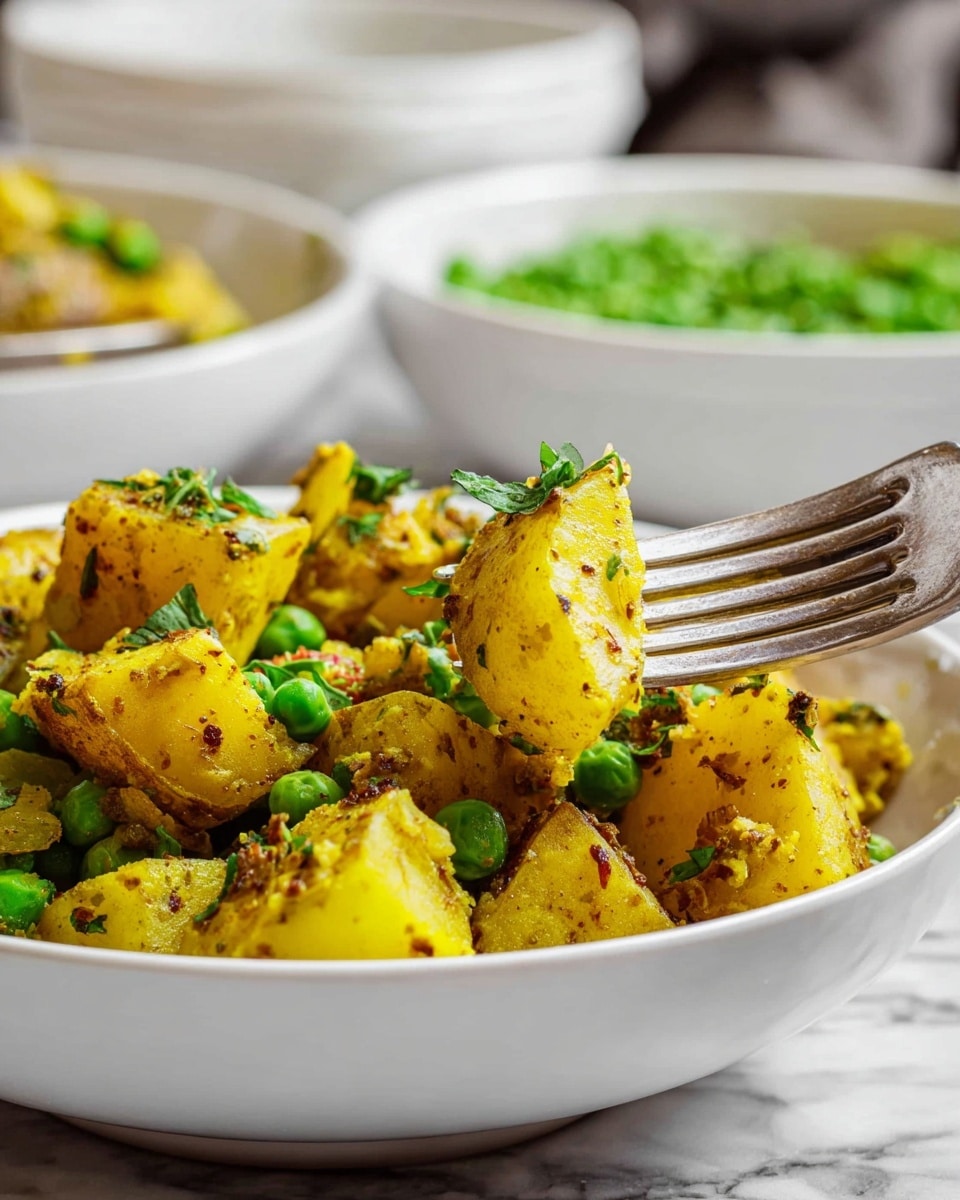 The image shows a white bowl filled with a dish of cooked yellow potatoes cut into chunks mixed with bright green peas. The potatoes have a slightly rough texture with visible seasoning and herbs sprinkled on top, giving a speckled look. Pieces of fresh green herbs are scattered throughout the bowl, adding freshness. A fork is inserted into one potato piece, catching the eye in the foreground. Behind this main bowl, there are other white bowls blurred out on a white marbled surface, enhancing the focus on the vibrant colors and textures of the potato and pea dish. photo taken with an iphone --ar 4:5 --v 7