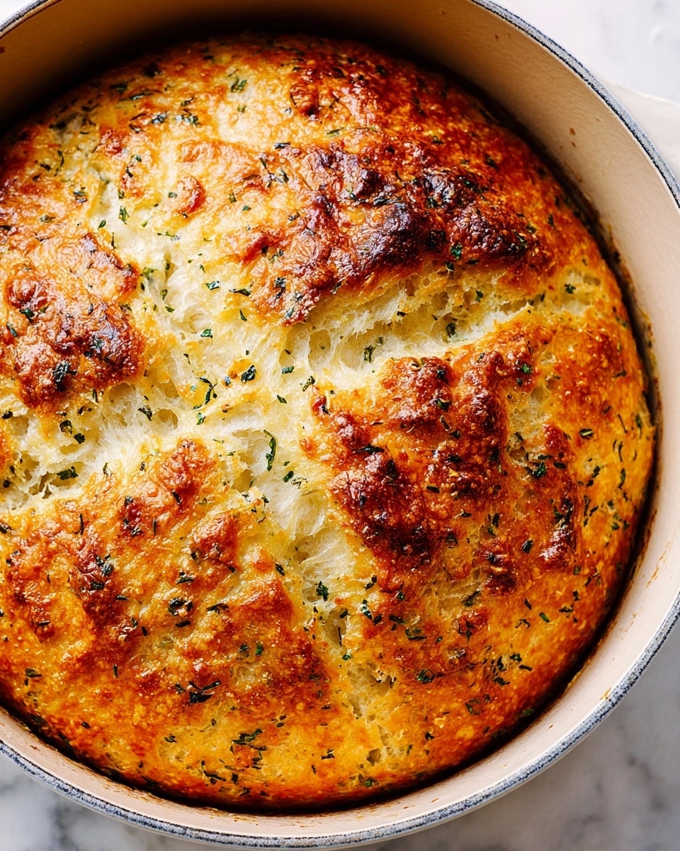 A round, golden-brown bread loaf baked in a white pot shows a crispy top with an uneven, bubbly texture. The surface has been brushed with herb butter, giving it a shiny look with green herb flakes sprinkled all over. The bread is scored with a cross pattern, revealing soft and fluffy inside layers beneath the browned crust. The white pot contrasts with the warm tones of the bread, and the background is a white marbled texture. photo taken with an iphone --ar 4:5 --v 7