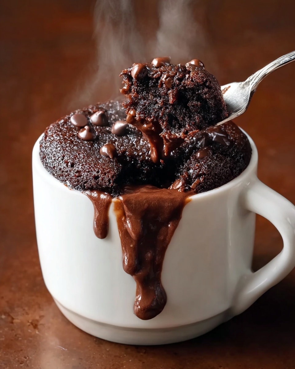 A white mug filled with a rich, dark chocolate cake that looks soft and moist on top, embedded with glossy chocolate chips. The cake is slightly cracked in the middle, showing gooey melted chocolate that is oozing out and dripping down the side of the mug. A spoon lifts a bite of the cake, revealing its crumbly texture mixed with melted chocolate inside. Steam rises gently from the mug against a warm brown blurred background. The mug rests on a white marbled surface. photo taken with an iphone --ar 4:5 --v 7