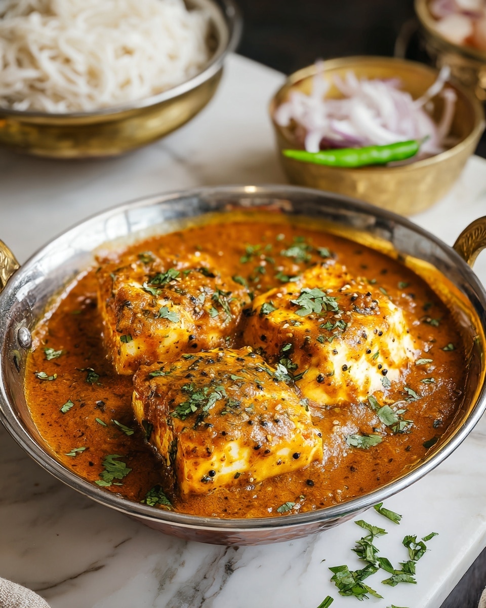 A silver bowl holds three large white cubes of paneer covered with an orange-brown thick curry sauce that has visible mustard seeds and herbs, garnished with chopped green cilantro scattered on top and around the bowl. The bowl is placed on a white marbled surface. In the background, there is a white bowl filled with thin white noodles and a golden bowl containing sliced white onions and a green chili. Photo taken with an iphone --ar 4:5 --v 7