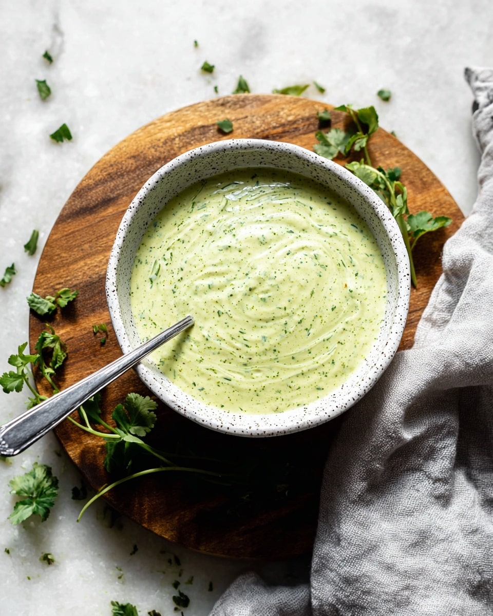 A white speckled bowl filled with a creamy light green sauce, with small green herb flecks evenly spread throughout the smooth texture, sitting on a round wooden board; a silver spoon rests inside the bowl near the left edge, and fresh green herb leaves are scattered on a white marbled surface around it, with a soft grey cloth folded on the right side. photo taken with an iphone --ar 4:5 --v 7