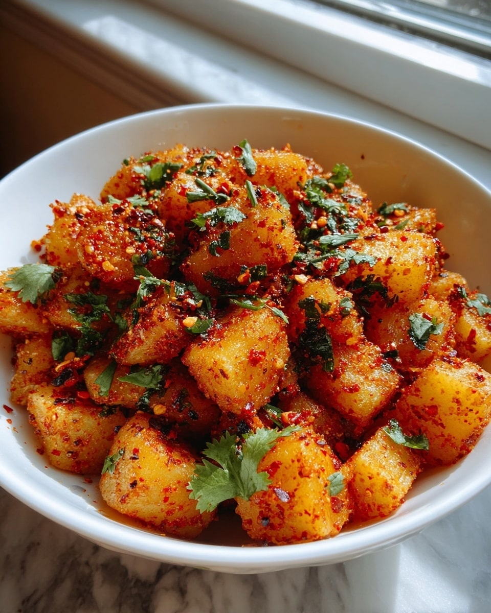 The image shows a white bowl filled with crispy golden potato cubes coated in bright red spice flakes. The potatoes have a textured, crunchy surface and are sprinkled with fresh green cilantro leaves scattered evenly on top. The bowl sits on a white marbled surface near a window, where soft natural light highlights the vibrant colors and textures of the dish. photo taken with an iphone --ar 4:5 --v 7
