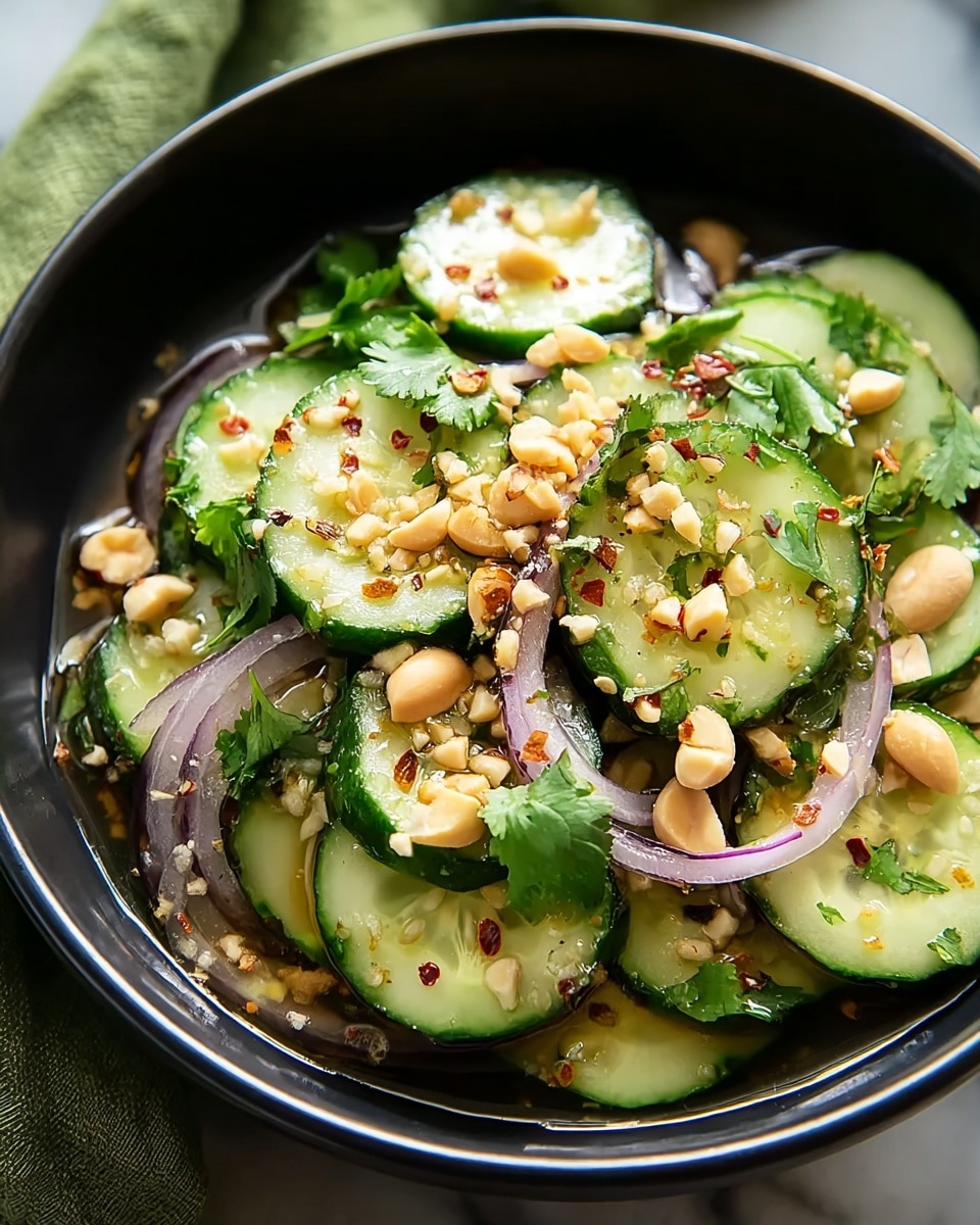 A black bowl filled with sliced cucumber layers, each slice showing a light green color with seeds in the center, mixed with thin slices of light purple onion scattered throughout. On top, there are chopped light brown peanuts and bright green cilantro leaves, with red pepper flakes sprinkled around, all resting in a shiny, slightly oily sauce. The bowl is placed on a white marbled textured surface with a green cloth partially visible. photo taken with an iphone --ar 4:5 --v 7