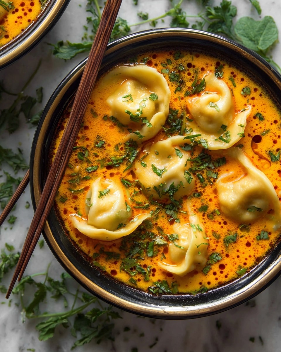 This image shows a bowl of soup with five pale yellow dumplings floating on the surface in a thick orange broth with some darker oil spots. The dumplings have soft, curved edges and smooth textures. The soup is topped with finely chopped green herbs scattered over the dumplings and broth. The bowl is black with a shiny rim, and next to it are wooden chopsticks resting on the edge. The background is a white marbled texture, scattered with fresh green herbs. photo taken with an iphone --ar 4:5 --v 7