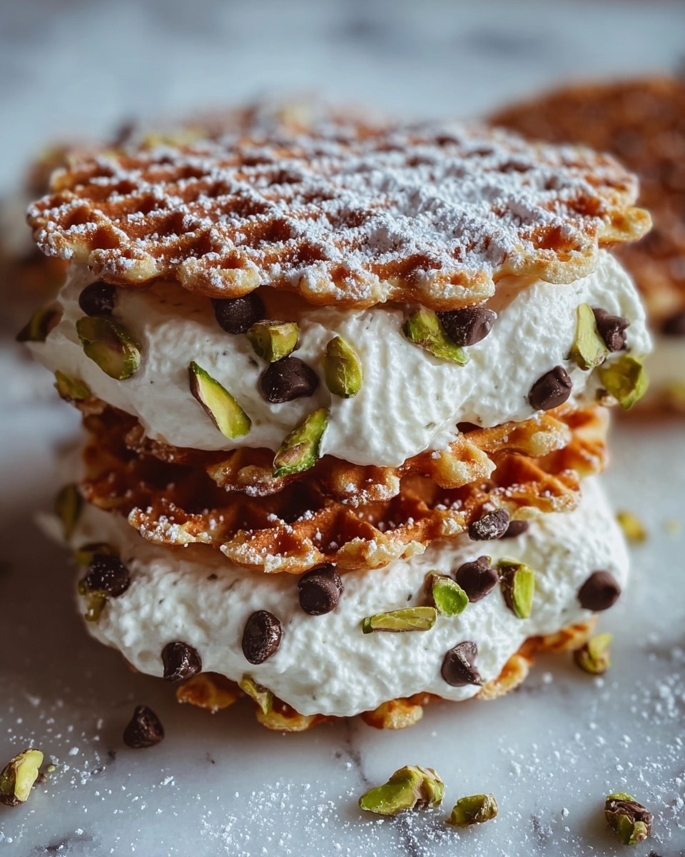 The image shows close-up of a dessert made with two thin golden-brown waffle layers on top and bottom, with a thick middle layer of white whipped cream. The whipped cream is sprinkled with small dark chocolate chips and chopped green pistachios that stick out around the edges. The top waffle is dusted lightly with white powdered sugar. The dessert pieces are stacked closely on a surface with a white marbled texture, showing crumbs and powdered sugar scattered around. Photo taken with an iphone --ar 4:5 --v 7