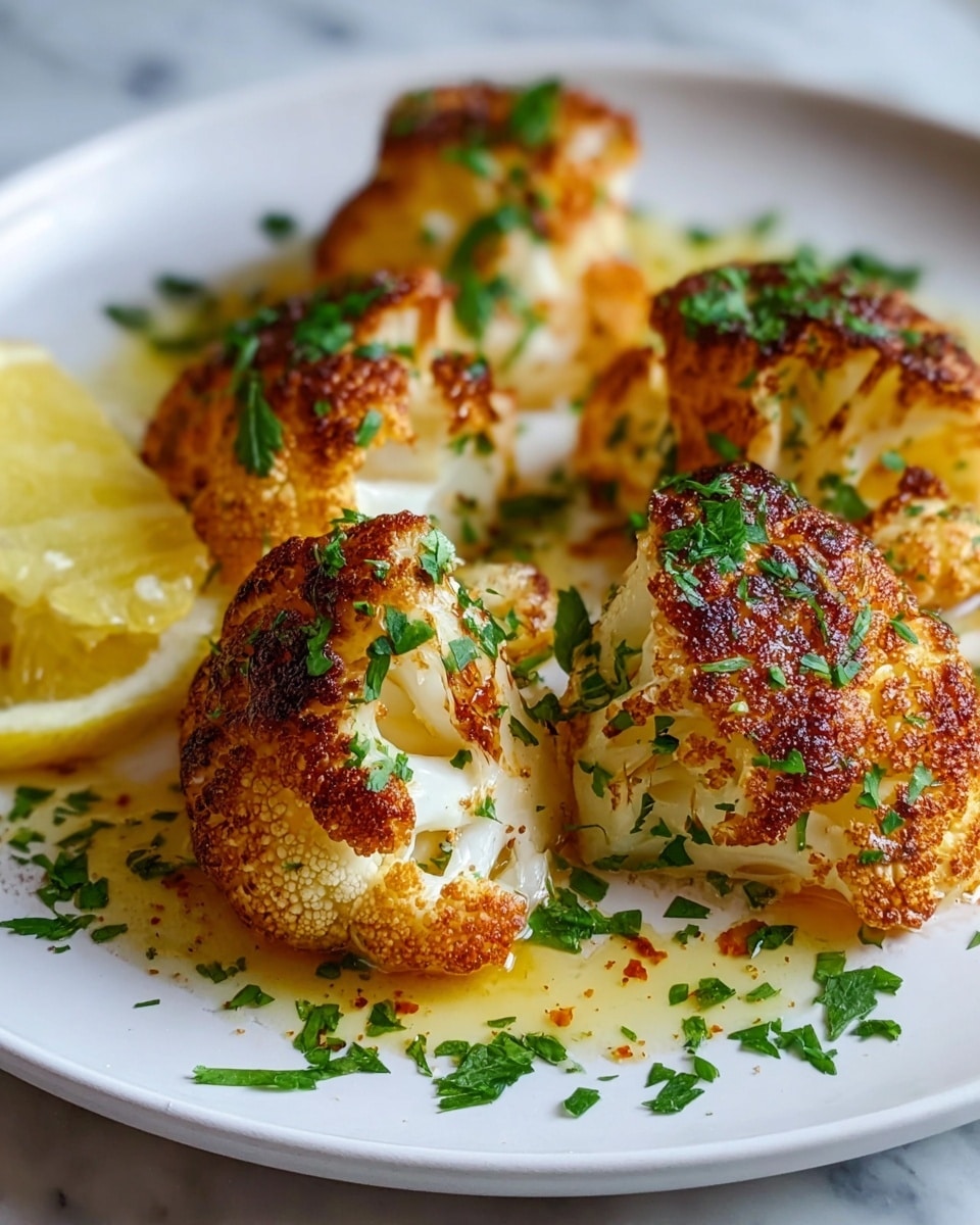 The image shows a white plate with five pieces of roasted cauliflower, each piece browned with a crispy texture on the outside and a soft creamy inside. The cauliflower is sprinkled with finely chopped fresh green herbs, adding a bright green color on top. There is a small wedge of lemon placed on the left edge of the plate, its bright yellow color adding contrast. Some herb leaves and a light brown sauce with oil are scattered around the cauliflower at the base, giving a glossy and moist look. The plate rests on a white marbled surface. photo taken with an iphone --ar 4:5 --v 7