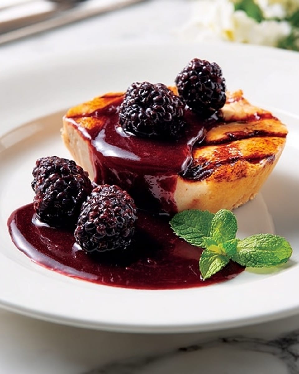 The image shows a dessert on a white scalloped plate placed on a white marbled surface. The dessert has a base layer that appears to be a small tart or pastry shell filled with a light cream layer. On top of the tart shell, there is a grilled or caramelized banana half with visible grill marks giving it a golden-brown color and shiny texture. A thick, deep red-purple sauce is draped over part of the banana and is pooling on the plate beneath it. Three large fresh blackberries with a dark purple-black color and juicy texture are placed beside the tart, along with a small green herb leaf adding a touch of brightness. In the background, a blurred woman's hand and a wooden handled fork can be seen. The entire scene is brightly lit with natural light, giving the dessert a fresh and inviting look. Photo taken with an iphone --ar 4:5 --v 7