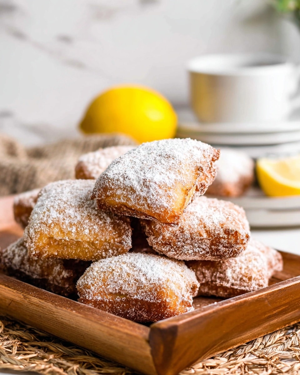 A pile of square-shaped fried pastries coated with powdered sugar sit stacked on a wooden tray placed over a woven mat. The pastries have a golden-brown crunchy texture with uneven surfaces and a light dusting of white powdered sugar, giving a contrast between the crispy brown crust and the soft white powder. In the blurred background, there is a yellow lemon and white dishes stacked, all set on a surface with a white marbled texture. photo taken with an iphone --ar 4:5 --v 7