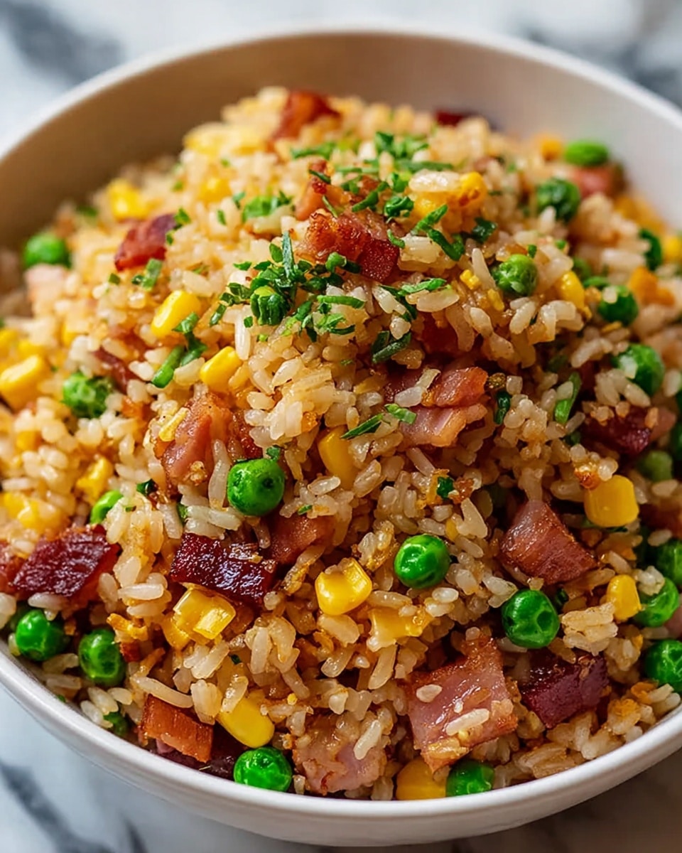 A close-up view of a white bowl filled with fried rice that has several layers of small round green peas, bright yellow corn kernels, and small cubes of crispy brown bacon and ham mixed throughout the light brown rice grains. The rice looks slightly oily and shiny, with scattered finely chopped green herbs on top. The background shows a blurred white marbled surface. photo taken with an iphone --ar 4:5 --v 7